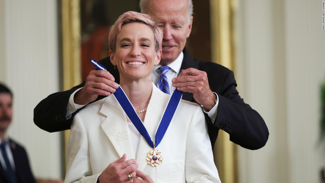 President Joe Biden &lt;a href=&quot;https://www.cnn.com/2022/07/07/politics/biden-presidential-medal-of-freedom/index.html&quot; target=&quot;_blank&quot;&gt;presents the Presidential Medal of Freedom to Rapinoe&lt;/a&gt; at the White House in July 2022. She became the first female soccer player to receive the award.