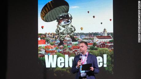 Lithuania&#39;s Foreign Minister Gabrielius Landsbergis speaks during NAFO&#39;s summit in Vilnius, Lithuania on July 8, 2023. 