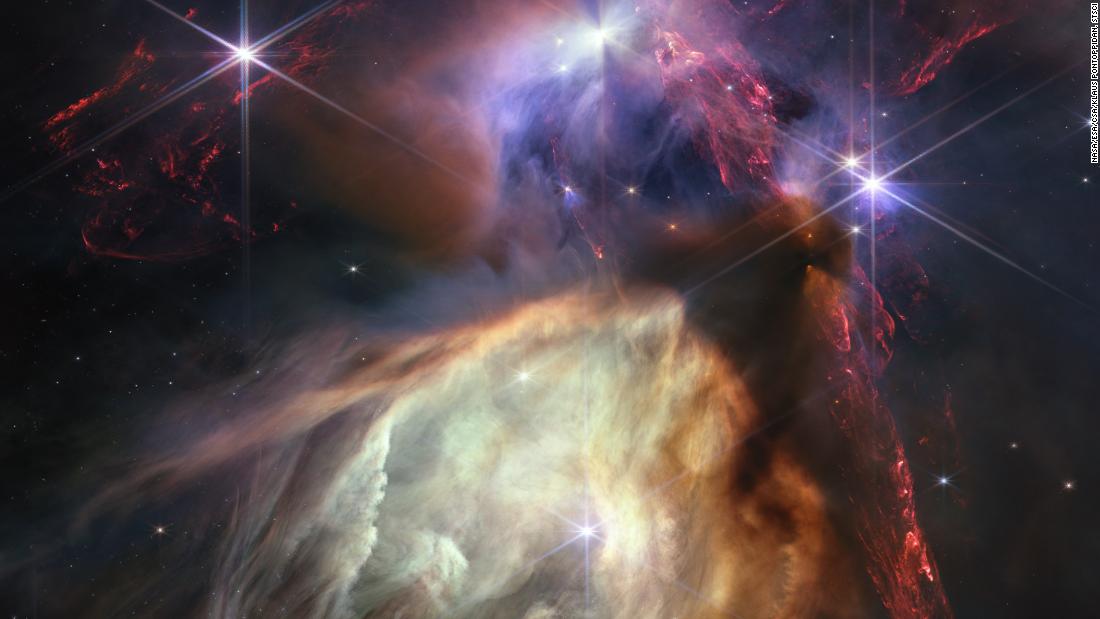 The James Webb Space Telescope captured a detailed closeup of the birth of sunlike stars in the Rho Ophiuchi cloud, the closest star-forming region located 390 light-years from Earth. The young stars release jets that cause the surrounding gas to glow. The image&#39;s release marks the first anniversary of Webb&#39;s observations of the cosmos.
