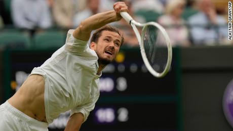 Russia&#39;s Daniil Medvedev in action against Christopher Eubanks of the US at Wimbledon on Wednesday.
