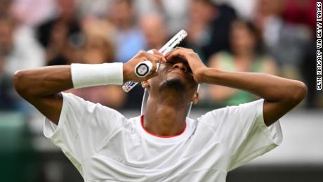 US player Christopher Eubanks reacts as he plays against Russia&#39;s Daniil Medvedev during their men&#39;s singles quarter-finals match at Wimbledon.