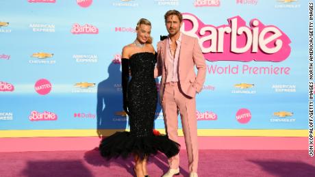 LOS ANGELES, CALIFORNIA - JULY 09: (L-R) Margot Robbie and Ryan Gosling attend the World Premiere of &quot;Barbie&quot; at the Shrine Auditorium and Expo Hall on July 09, 2023 in Los Angeles, California. (Photo by Jon Kopaloff/Getty Images)