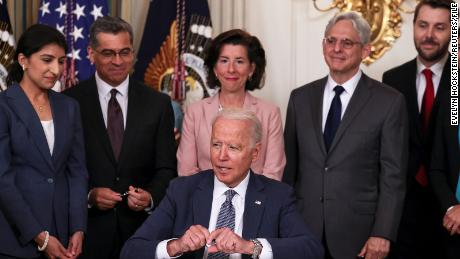 U.S. President Joe Biden signs an executive order on &quot;promoting competition in the American economy&quot; as members of his Cabinet standby in the State Dining Room at the White House in Washington U.S., July 9, 2021.