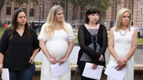  Plaintiffs Anna Zargarian, Lauren Miller, Lauren Hall, and Amanda Zurawski at the Texas State Capitol after filing a lawsuit on behalf of Texans harmed by the state&#39;s abortion ban on March 7 in Austin, Texas. 