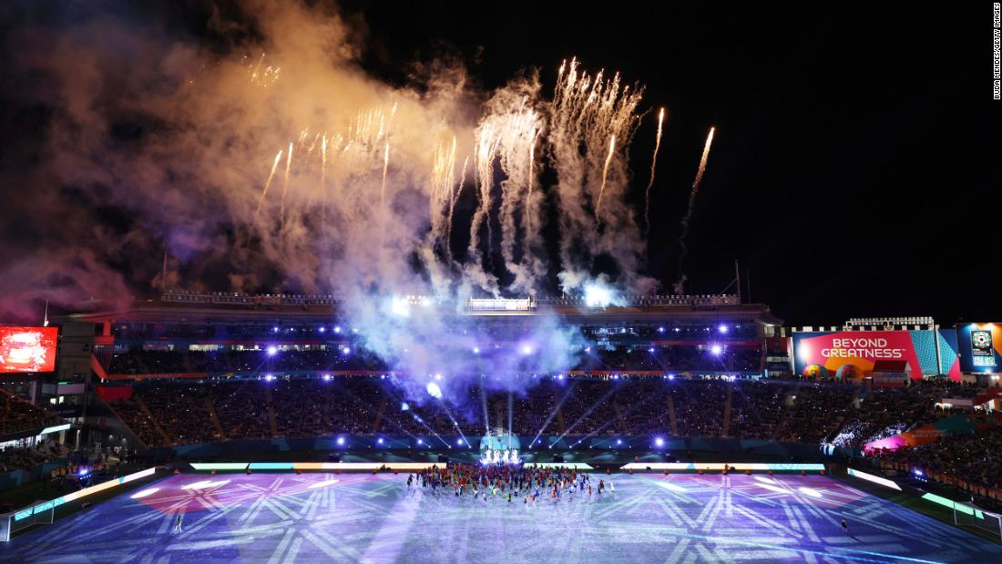Fireworks explode during the tournament&#39;s opening ceremony, which was held before the New Zealand-Norway match.