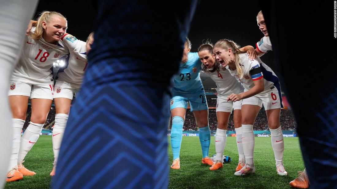 Norway players huddle before the match against New Zealand.