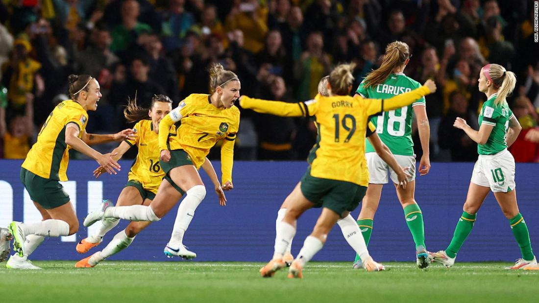 Australia&#39;s Steph Catley, third from left, celebrates scoring her team&#39;s only goal against Ireland on June 20. Australia won 1-0 in Sydney.