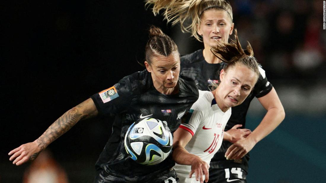 New Zealand&#39;s Ria Percival and Katie Bowen, in black, compete for the ball with Norway&#39;s Caroline Graham Hansen on July 20. New Zealand won the opening match 1-0. It was the country&#39;s first-ever win at a Women&#39;s World Cup.