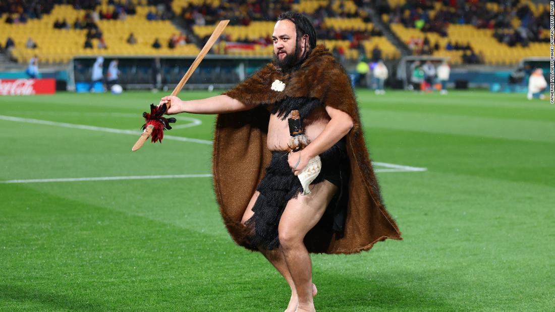 A Māori welcoming ceremony is held prior to the Spain-Costa Rica match.