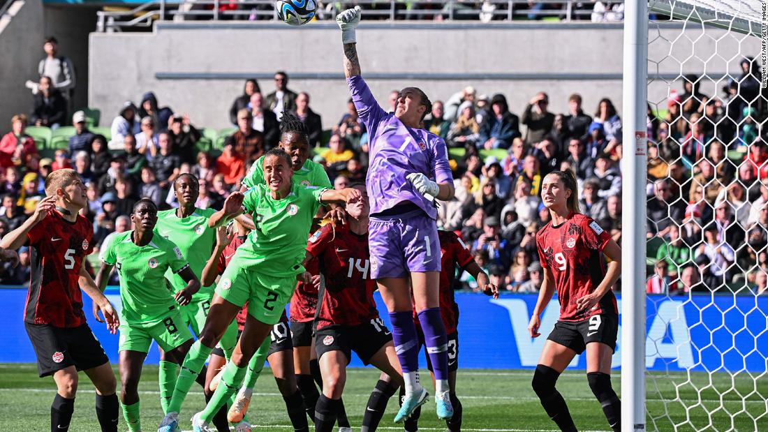 Canadian goalkeeper Kailen Sheridan punches the ball clear during a 0-0 draw against Nigeria on July 21.