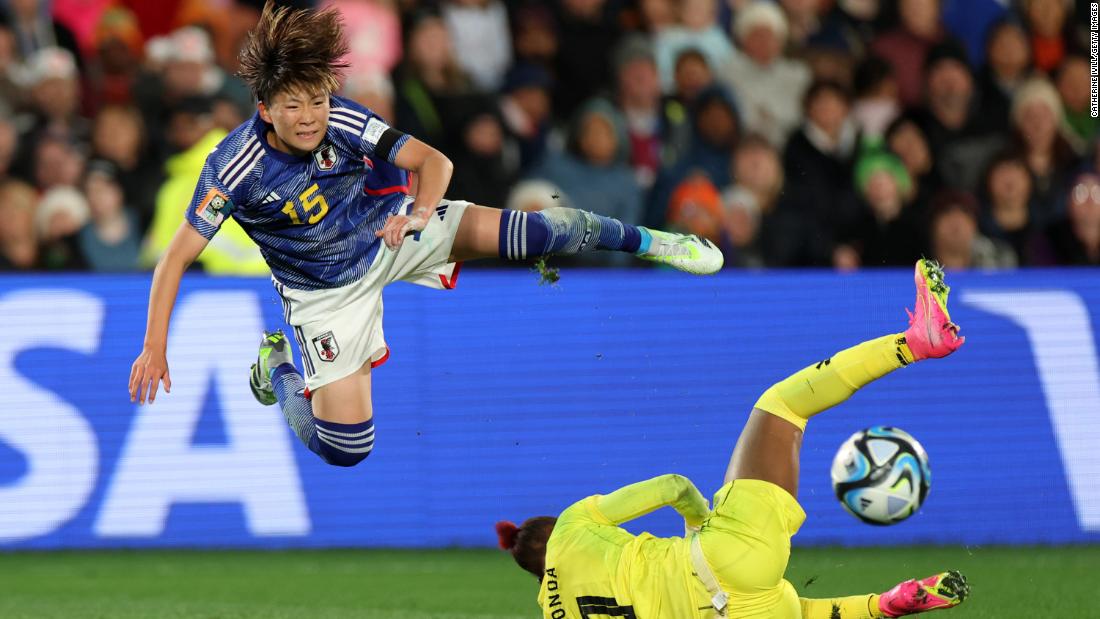 Aoba Fujino of Japan is brought down by Zambian goalkeeper Catherine Musonda, resulting in a penalty to Japan. It was later overturned due to offside.
