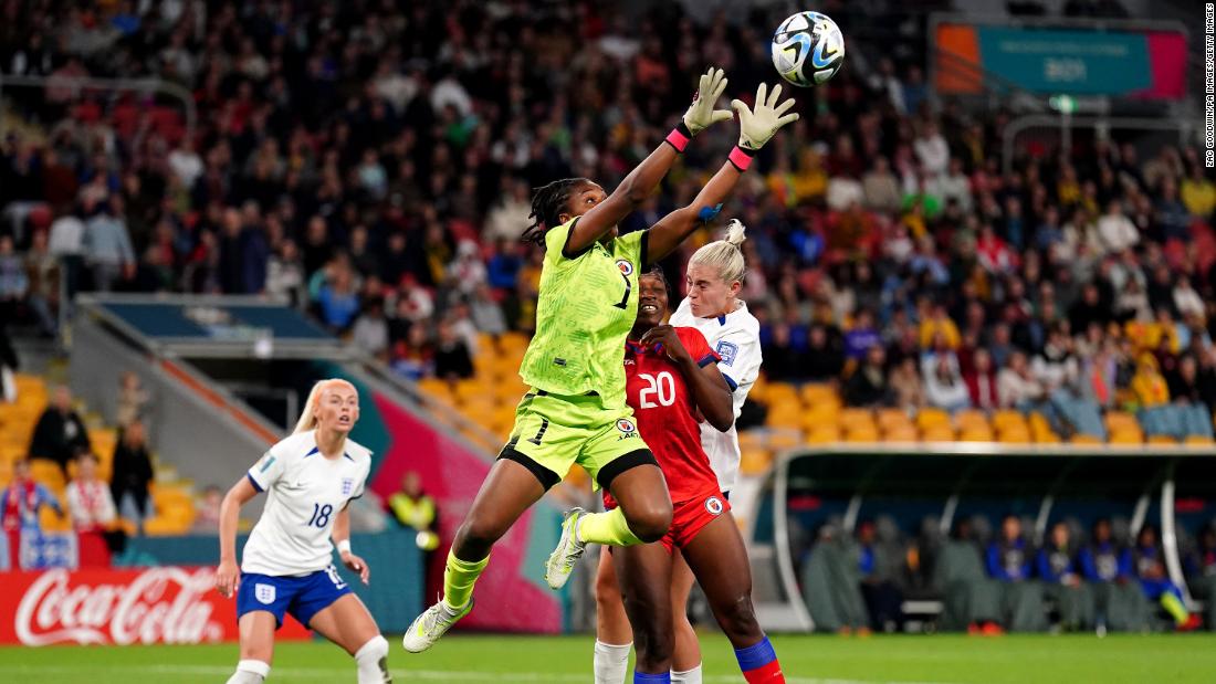 Haiti goalkeeper Kerly Theus jumps to make one of many impressive saves against England.