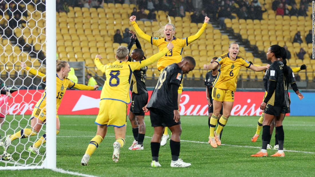 Sweden&#39;s Amanda Ilestedt celebrates after scoring a late winner against South Africa on July 23. Sweden won 2-1.