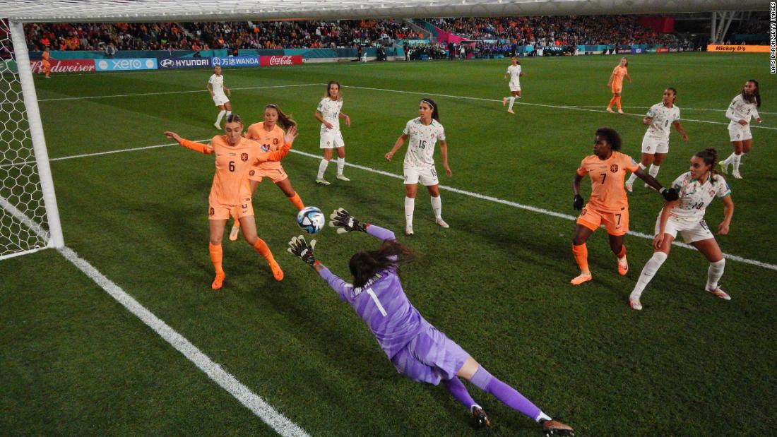 Portugal&#39;s Ines Pereira dives in vain as the Netherlands&#39; Stefanie van der Gragt, not pictured, scores the only goal in the match on July 23.