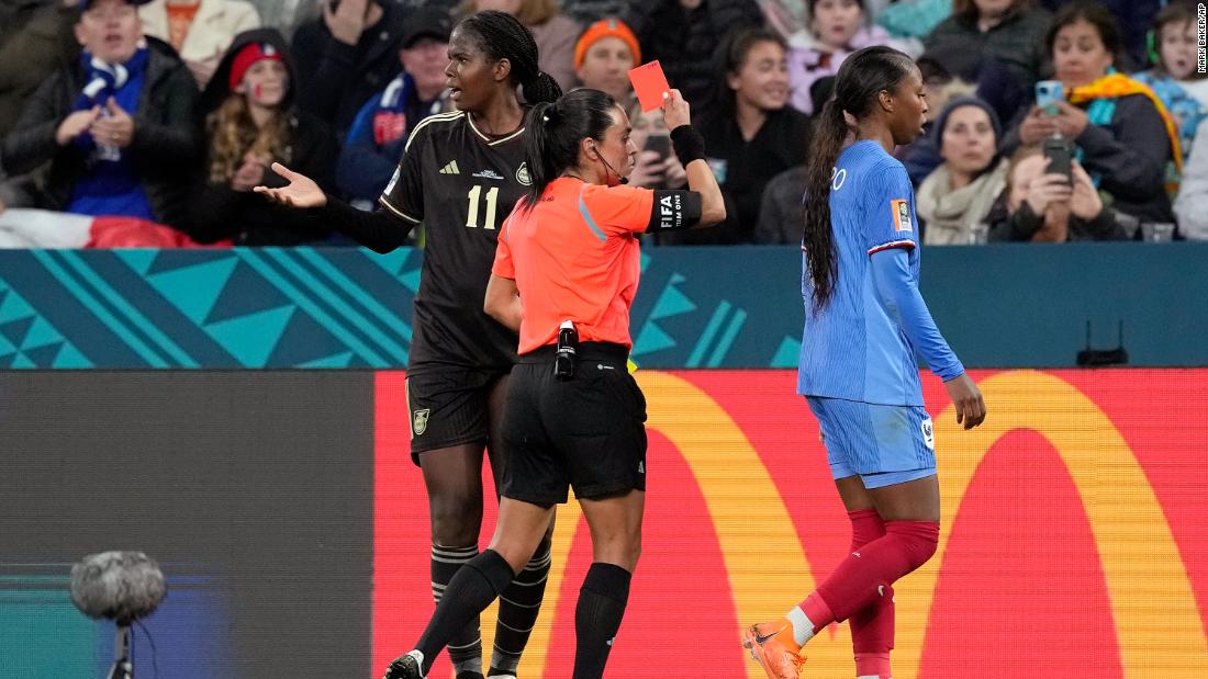 Jamaica&#39;s Khadija &quot;Bunny&quot; Shaw is sent off for a second bookable offense against France. 