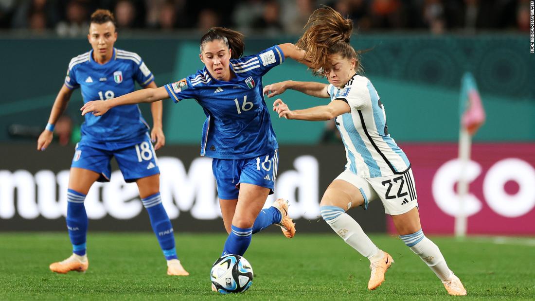 Italy&#39;s Giulia Dragoni is challenged by Estefania Banini of Argentina. At the age of 16, Dragoni became the &lt;a href=&quot;https://edition.cnn.com/2023/07/24/football/giulia-dragoni-italy-argentina-womens-world-cup-spt-intl/index.html&quot; target=&quot;_blank&quot;&gt;youngest player&lt;/a&gt; to represent Italy in the competition&#39;s history. 
