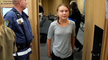 Climate activist Greta Thunberg leaves a court room after a hearing in Malmö, Sweden, on Monday.