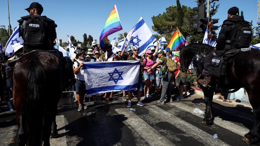 People in Jerusalem protest against Netanyahu and the judicial overhaul on July 24.