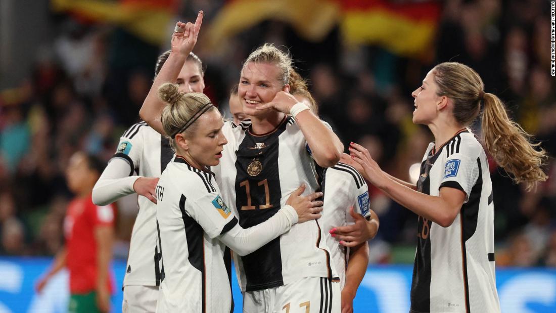 Germany&#39;s Alexandra Popp celebrates scoring a goal against Morocco.