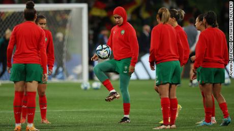 Morocco&#39;s Nouhaila Benzina during warm-ups before the match against Germany.