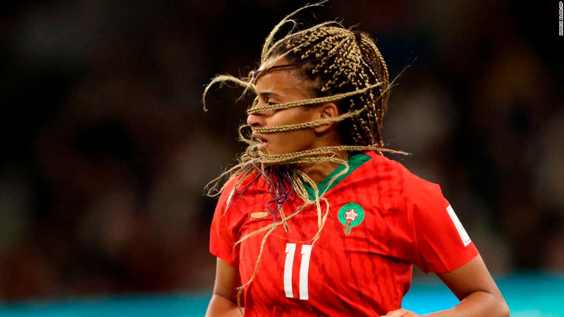Morocco&#39;s Fatima Tagnaout runs during the match against Germany.