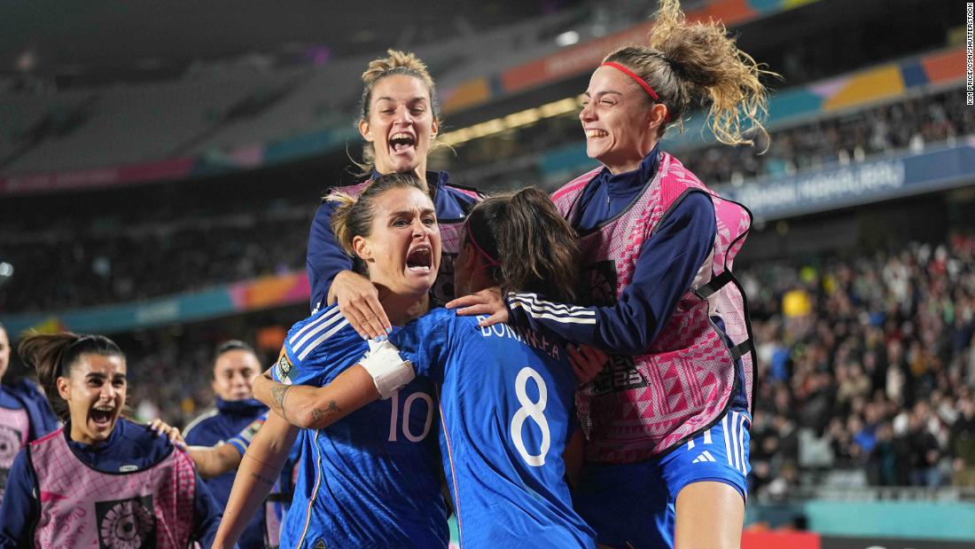 Italy&#39;s Cristiana Girelli celebrates after scoring a late winner against Argentina on July 24. Italy won 1-0.