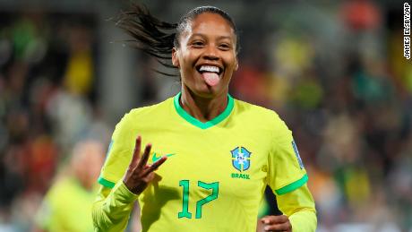 Brazil&#39;s Ary Borges celebrates her hattrick goal against Panama.
