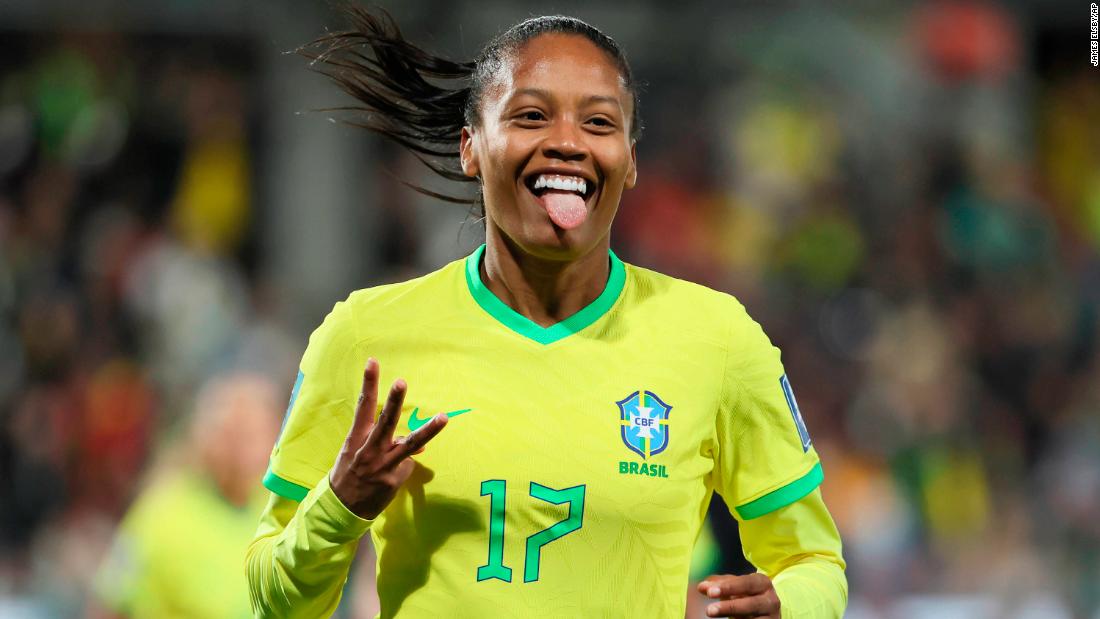 Brazil&#39;s Ary Borges celebrates her third goal during the Panama. Her hat trick was the first of the tournament.