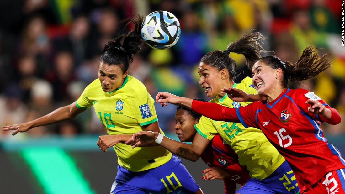 Brazil&#39;s Marta, left, heads the ball during a match against Panama on July 24. &lt;a href=&quot;https://edition.cnn.com/2023/07/23/football/brazil-germany-panama-morocco-womens-world-cup-2023-spt-intl/index.html&quot; target=&quot;_blank&quot;&gt;Brazil won 4-0&lt;/a&gt;.