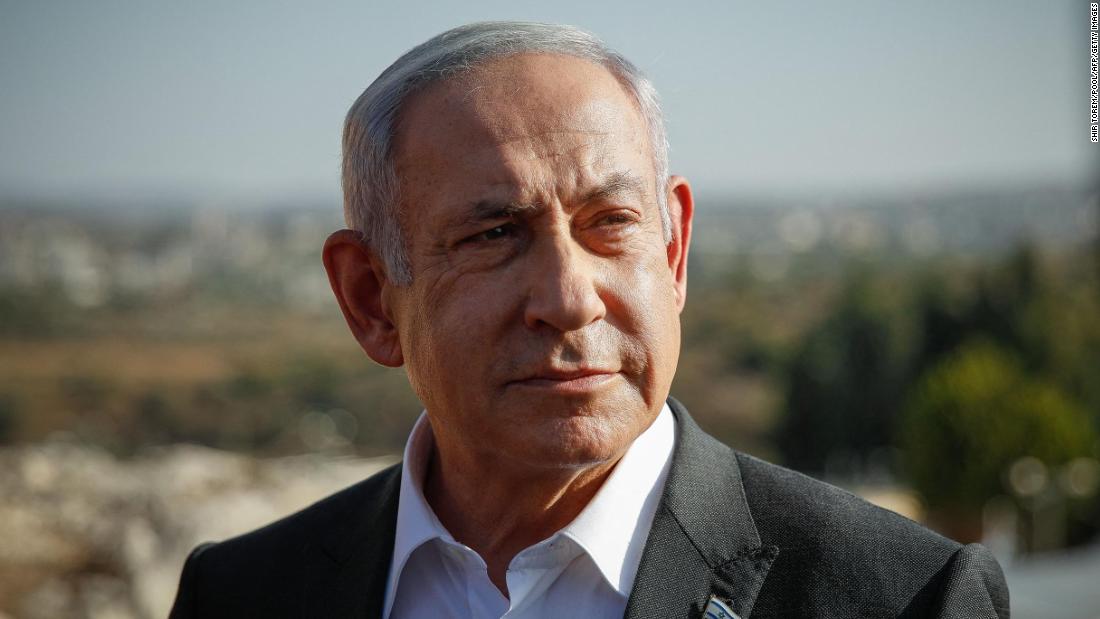 Israeli Prime Minister Benjamin Netanyahu arrives for a briefing in the occupied West Bank in July 2023.