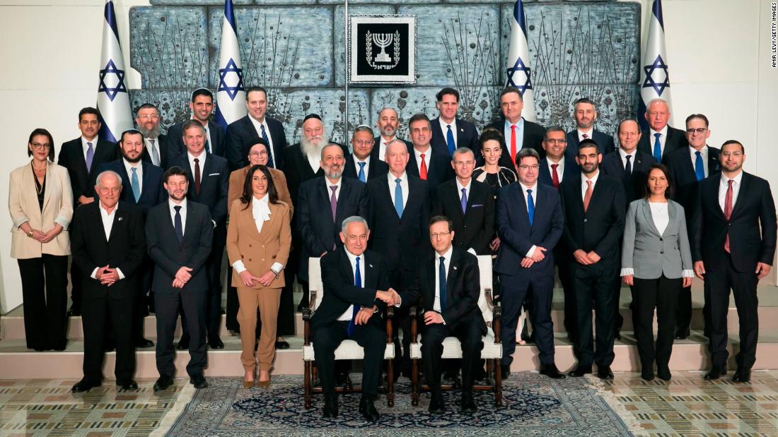 Netanyahu and Israeli President Isaac Herzog, front row, pose with members of the new Israeli government in December 2022. Netanyahu was &lt;a href=&quot;https://edition.cnn.com/2022/12/29/middleeast/israel-benjamin-netanyahu-swearing-in-intl/index.html&quot; target=&quot;_blank&quot;&gt;sworn in for his sixth term as prime minister&lt;/a&gt;, 18 months after he was ousted from power.