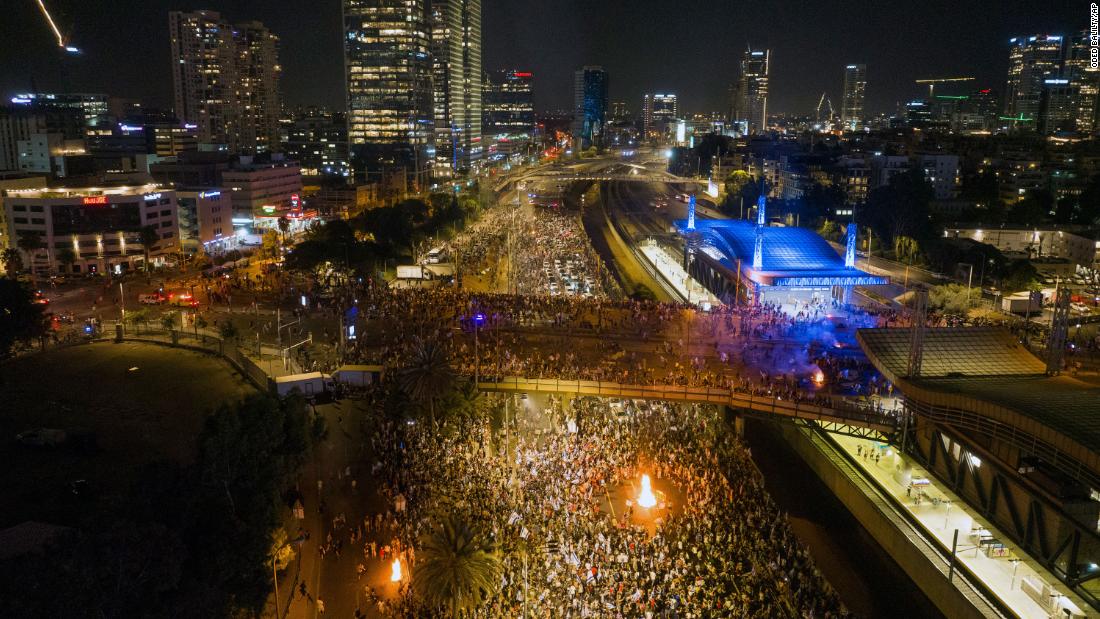 Demonstrators block traffic in Tel Aviv on July 24.
