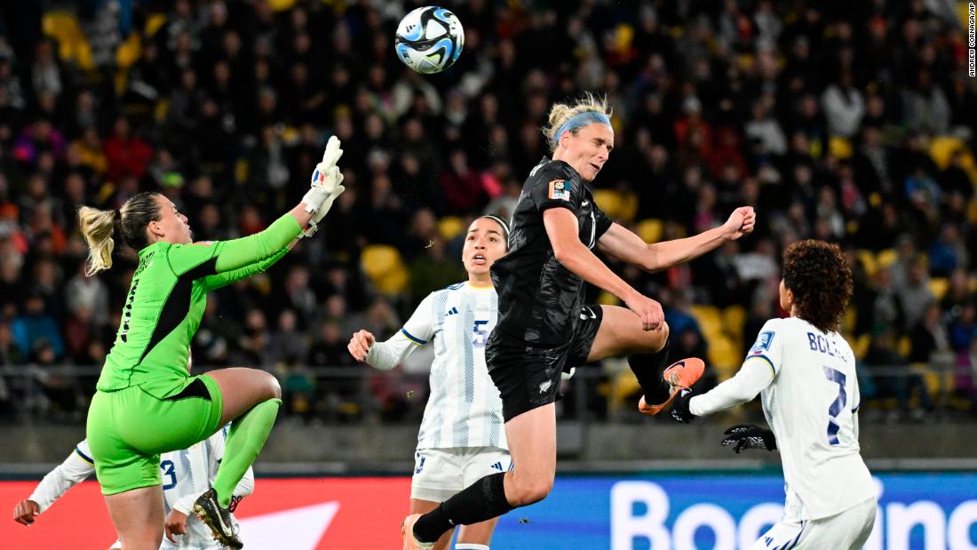 New Zealand&#39;s Hannah Wilkinson attempts to head the ball past Philippines goalkeeper Olivia McDaniel during their match on July 25.