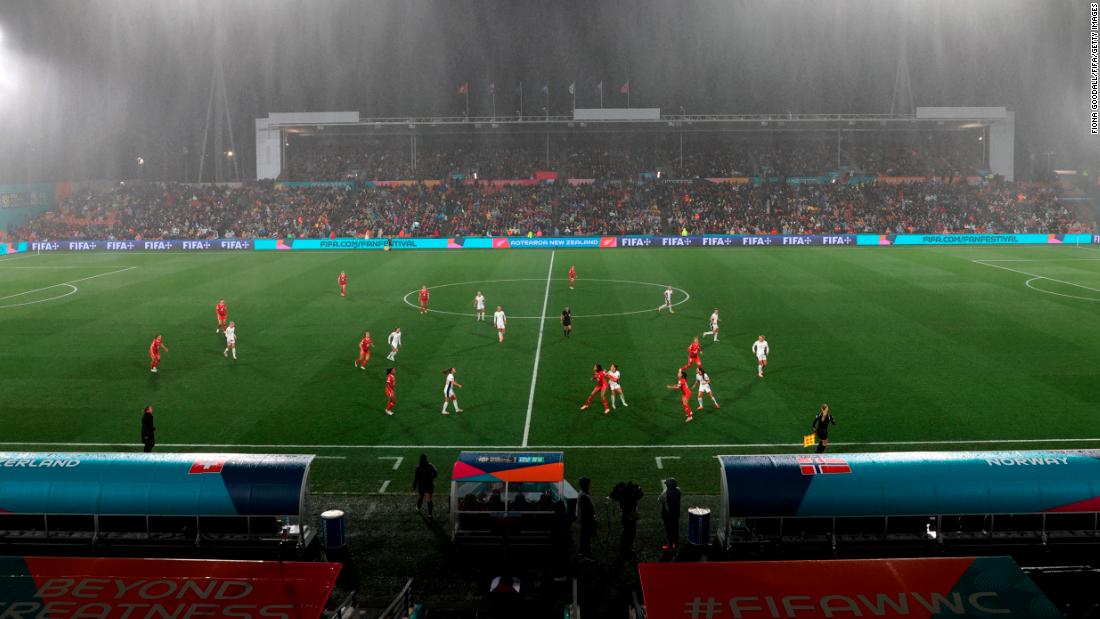 Rain pours down during the Norway-Switzerland match.