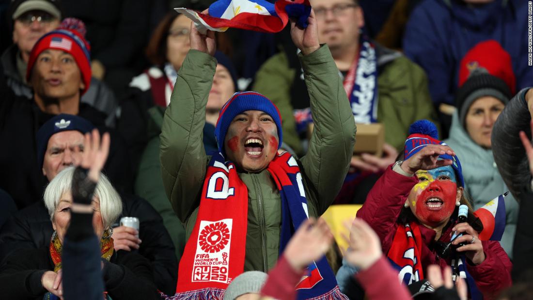 Philippines fans show their support during the team&#39;s first-ever win at a Women&#39;s World Cup.