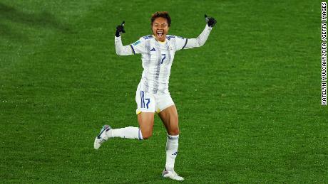 Sarina Bolden celebrates after scoring for the Philippines against New Zealand at the Women&#39;s World Cup. 