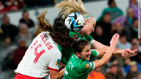 Ireland&#39;s defenders Niamh Fahey and Louise Quinn compete for the ball against Canada&#39;s defender Vanessa Gilles.