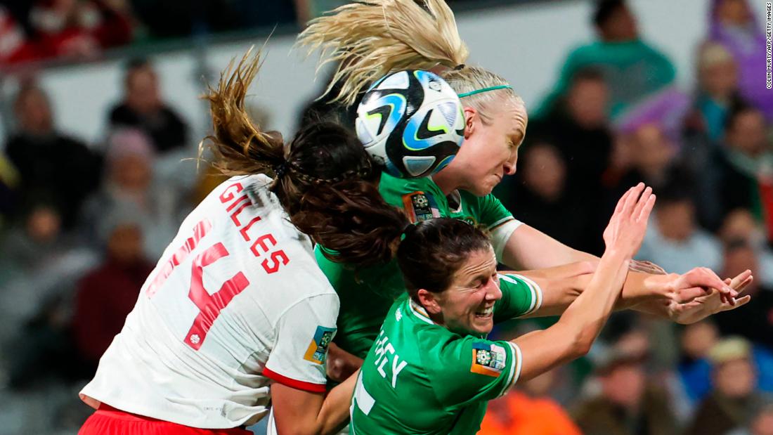 Canada&#39;s Vanessa Gilles competes for a header with Ireland&#39;s Niamh Fahey, bottom, and Louise Quinn during a match on July 26. &lt;a href=&quot;https://www.cnn.com/2023/07/25/football/canada-spain-japan-2023-womens-world-cup-spt-intl/index.html&quot; target=&quot;_blank&quot;&gt;Canada won 2-1&lt;/a&gt;.