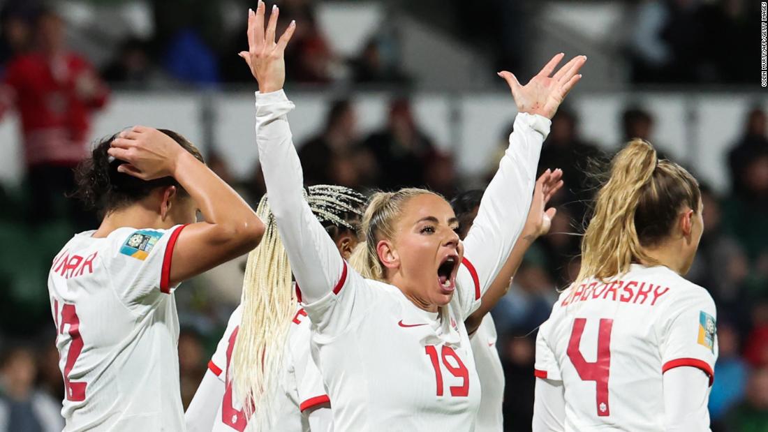 Canadian forward Adriana Leon celebrates after scoring her team&#39;s second goal against Ireland.