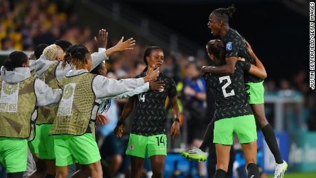 Uchenna Kanu of Nigeria celebrates with teammates after scoring her team&#39;s first goal against Australia. 