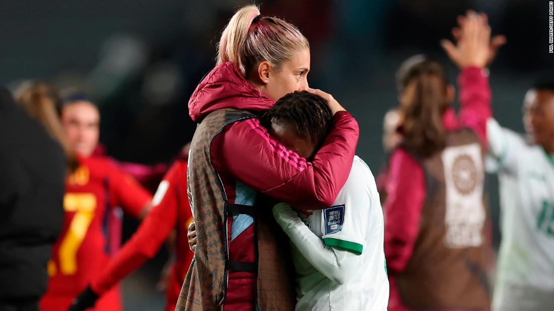 Spain&#39;s Alexia Putellas consoles Zambia&#39;s Mary Wilombe after the match. Zambia still had one match to play, but it was not going to be able to advance to the knockout stage.