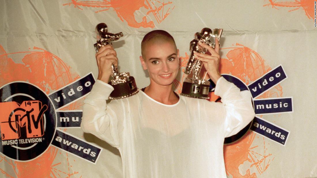 O&#39;Connor displays two of the three awards she won at the MTV Video Music Awards in September 1990. The video for &quot;Nothing Compares 2 U,&quot; which featured O&#39;Connor&#39;s close-cropped hair and a dark turtleneck, won MTV video of the year and best video by a female artist.