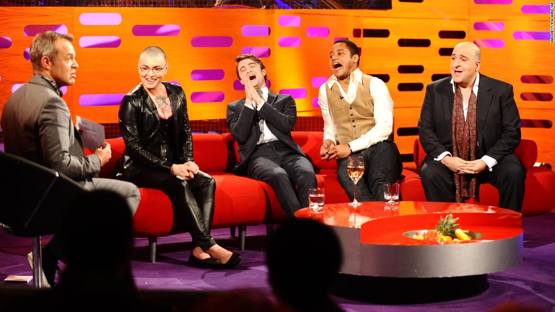 From left, Graham Norton, O&#39;Connor, Daniel Radcliffe, Cuba Gooding Jr. and Omid Djalili appear on an episode of Norton&#39;s show in London in February 2012.