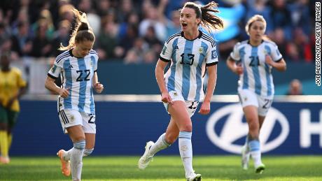 Sophia Braun celebrates after scoring Argentina&#39;s first goal against South Africa.