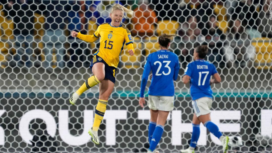 Sweden&#39;s Rebecka Blomqvist celebrates after scoring her side&#39;s fifth goal against Italy.