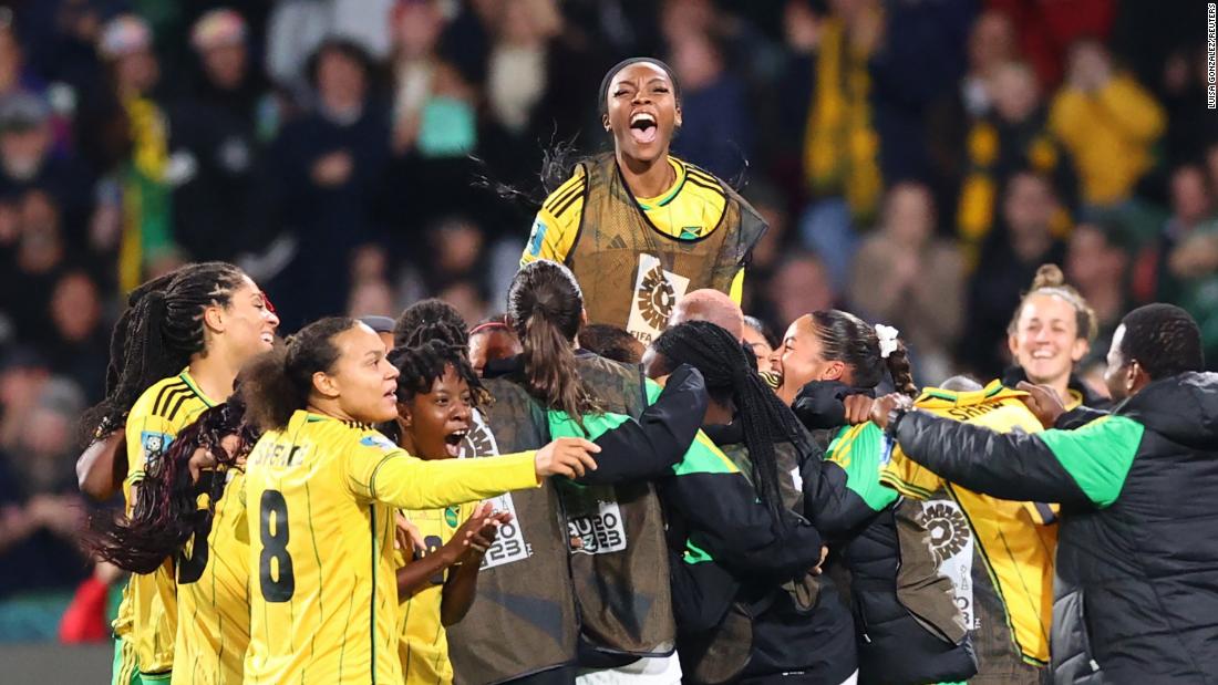 Jamaican players celebrate after Allyson Swaby scored against Panama.