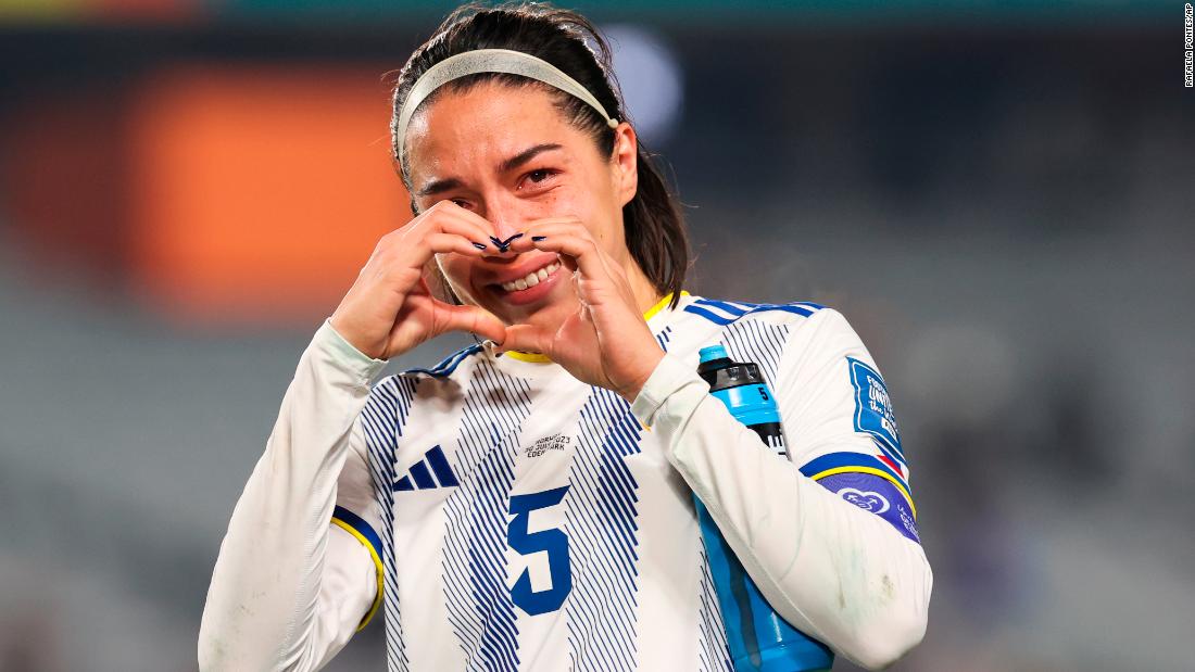 The Philippines&#39; Hali Long makes a heart with her hands at the end of the Norway match. 