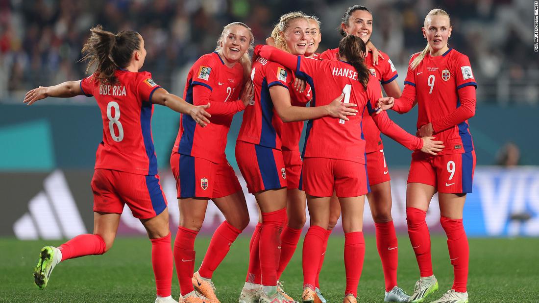 Norway celebrates a goal in its 6-0 victory over the Philippines on July 30. The victory helped Norway clinch a spot in the knockout stage.