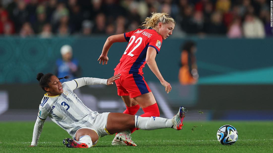 Norway&#39;s Sophie Roman Haug is challenged by Jessika Cowart.
