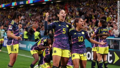 Colombia celebrates its winning goal against Germany. 